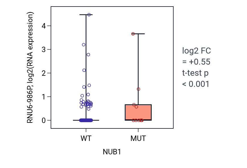 Box plot of RNU6-986P in NUB1-low vs NUB1-high samples in COAD.