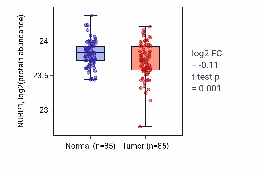Tumor-vs-normal mass-spec protein box plot for NUBP1 in COAD.