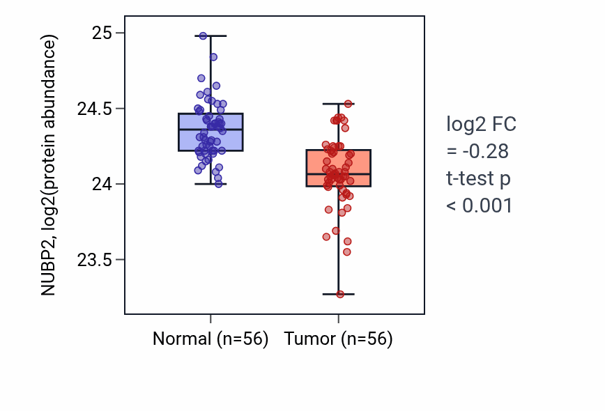 Tumor-vs-normal mass-spec protein box plot for NUBP2 in HNSC.