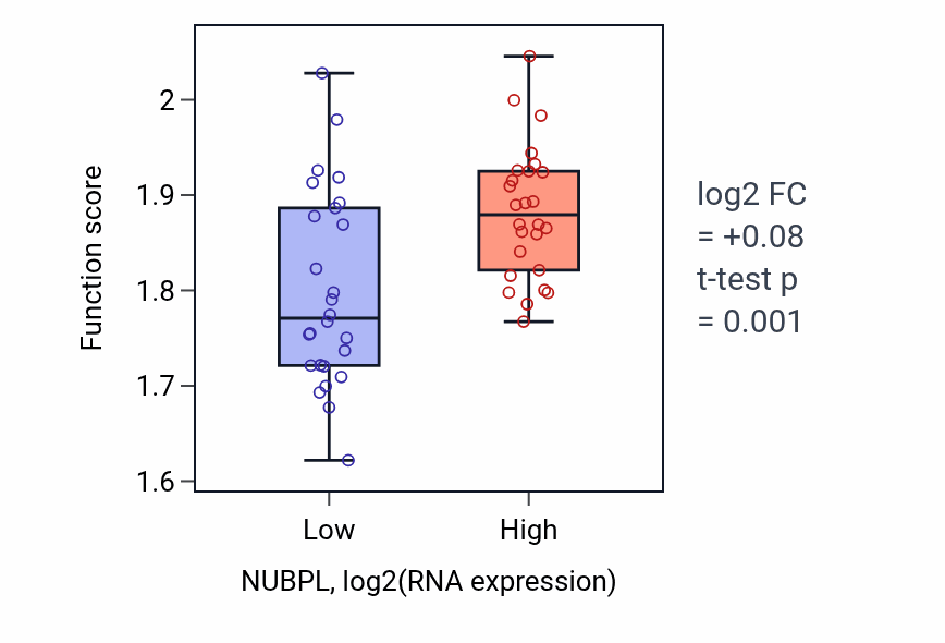 Box plot of Positive regulation of cytoplasmic translation in NUBPL-low vs NUBPL-high samples in LUNG_SCLC.
