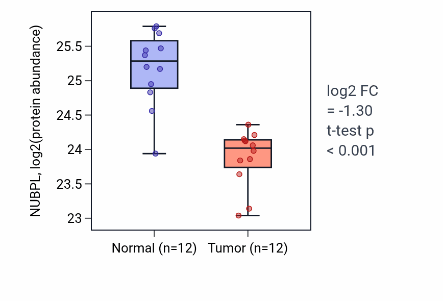 Tumor-vs-normal mass-spec protein box plot for NUBPL in CCRCC.