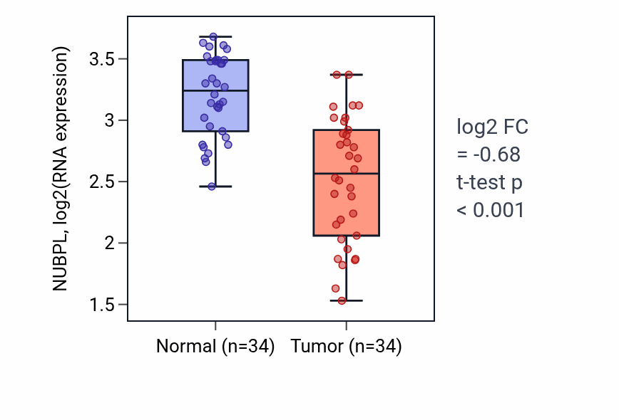 Tumor-vs-normal expression box plot for NUBPL RNA in KIRC.