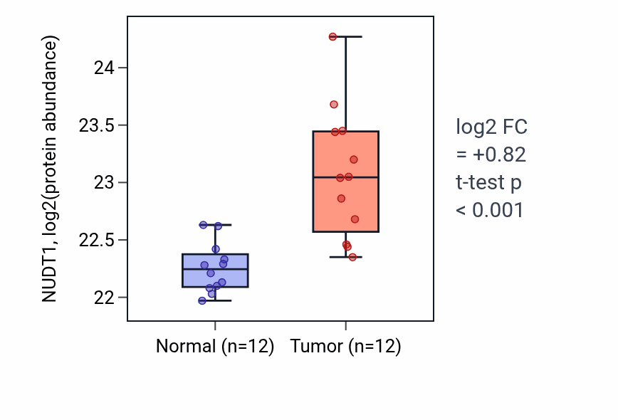 Tumor-vs-normal mass-spec protein box plot for NUDT1 in CCRCC.