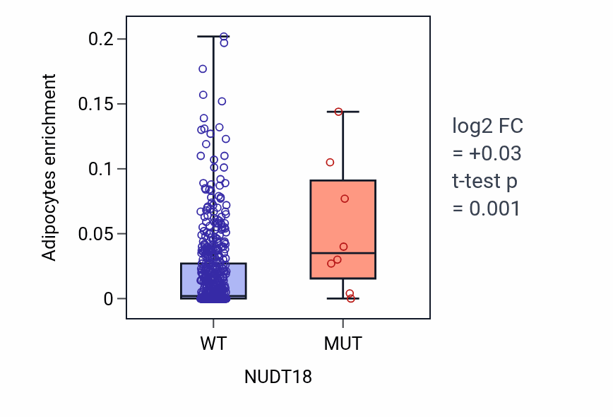 Box plot of Adipocytes in NUDT18-low vs NUDT18-high samples in UCEC.