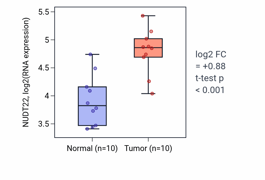 Tumor-vs-normal expression box plot for NUDT22 RNA in BLCA.
