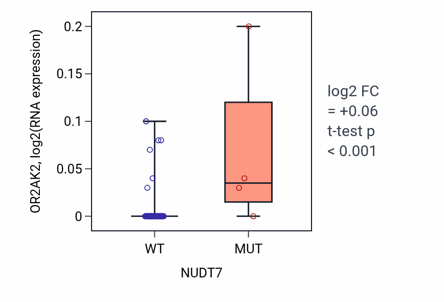 Box plot of OR2AK2 in NUDT7-low vs NUDT7-high samples in OVARY.