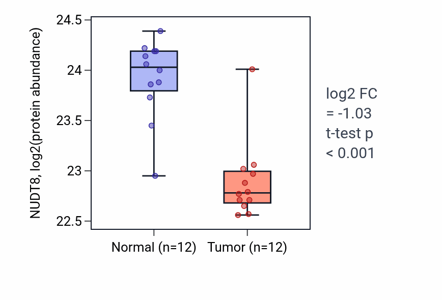 Tumor-vs-normal mass-spec protein box plot for NUDT8 in CCRCC.
