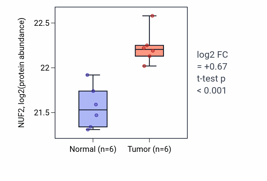 Tumor-vs-normal mass-spec protein box plot for NUF2 in HNSC.