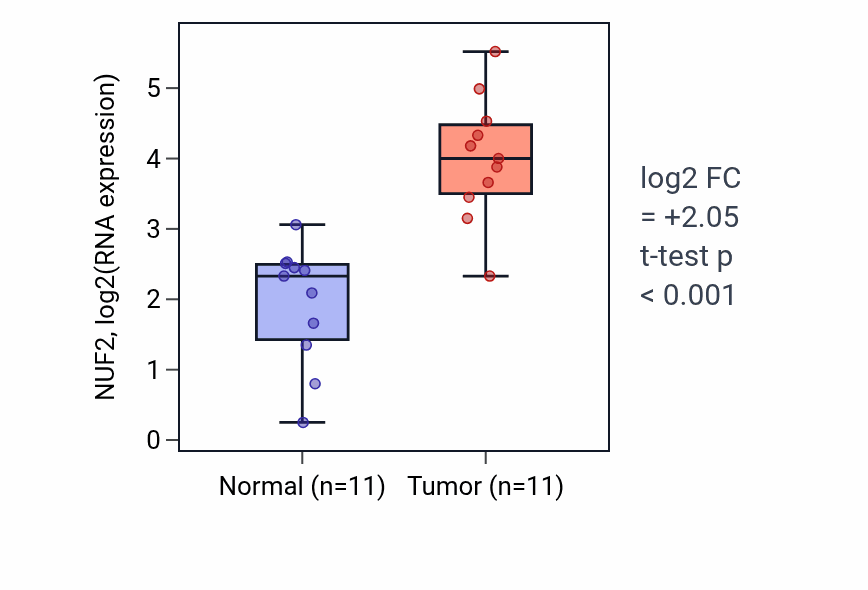 Tumor-vs-normal expression box plot for NUF2 RNA in HNSC.