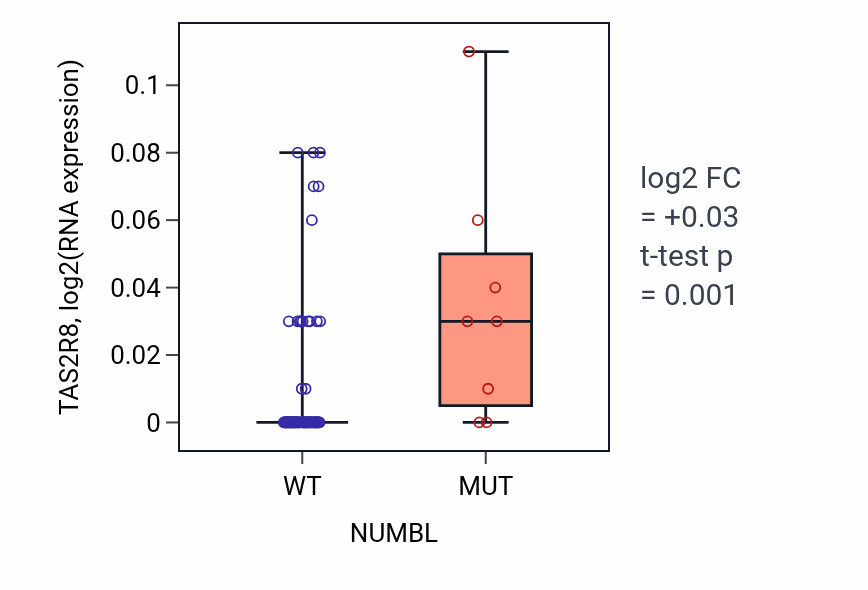 Box plot of TAS2R8 in NUMBL-low vs NUMBL-high samples in BLOOD_Leukemia.