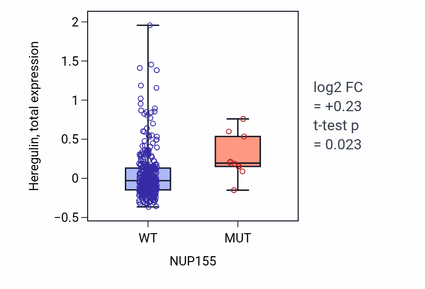 Box plot of Heregulin in NUP155-low vs NUP155-high samples in BLCA.