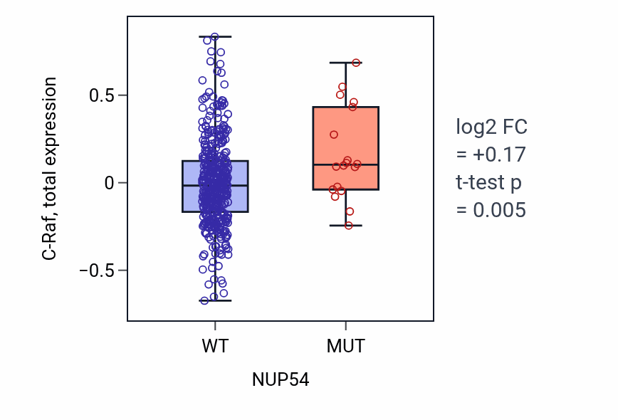 Box plot of C-Raf in NUP54-low vs NUP54-high samples in UCEC.