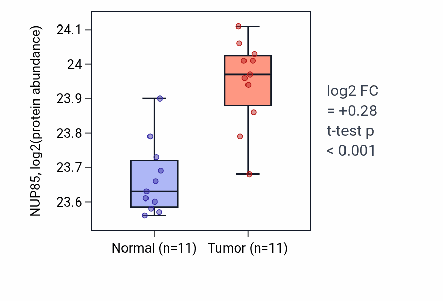 Tumor-vs-normal mass-spec protein box plot for NUP85 in CCRCC.