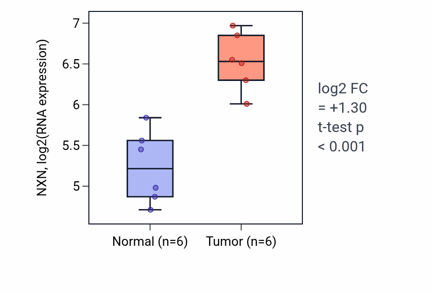 Tumor-vs-normal expression box plot for NXN RNA in HNSC.