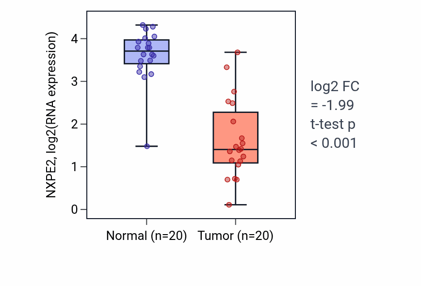 Tumor-vs-normal expression box plot for NXPE2 in COAD.