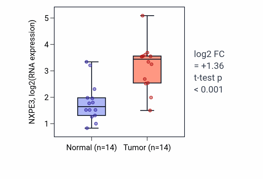 Tumor-vs-normal expression box plot for NXPE3 RNA in HNSC.