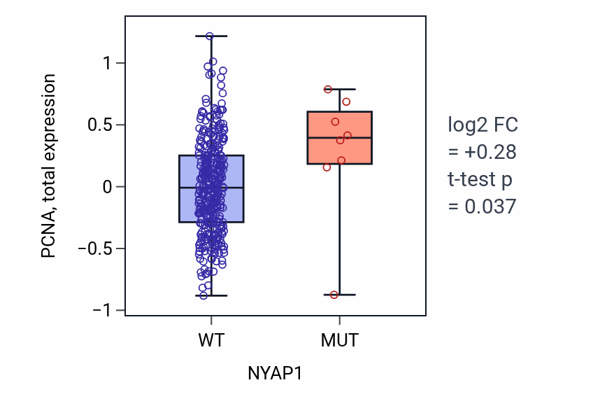 Box plot of PCNA in NYAP1-low vs NYAP1-high samples in COAD.
