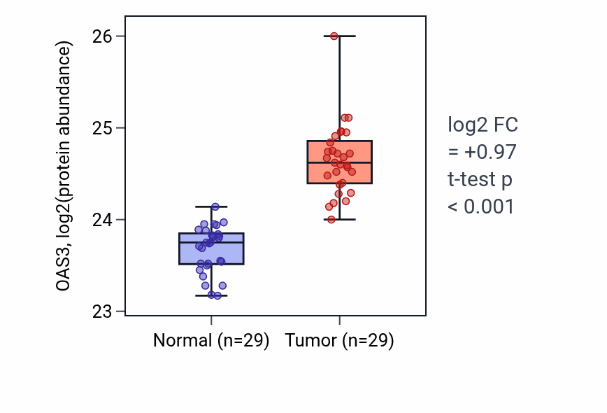Tumor-vs-normal mass-spec protein box plot for OAS3 in CCRCC.