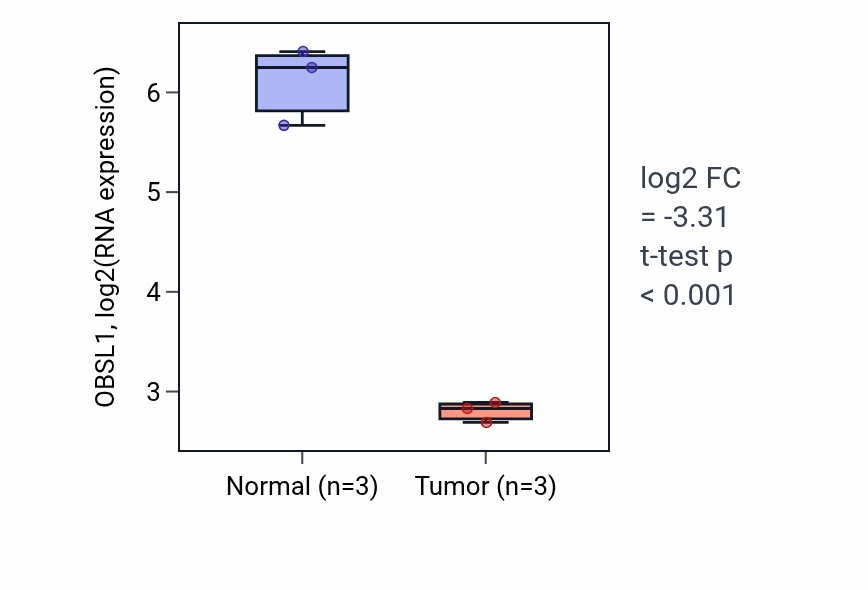 Tumor-vs-normal expression box plot for OBSL1 RNA in KICH.