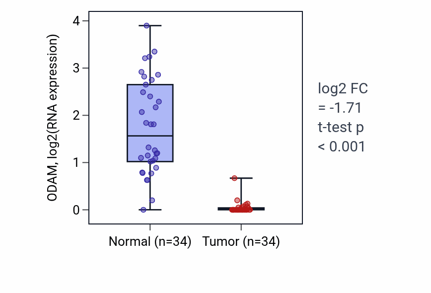 Tumor-vs-normal expression box plot for ODAM RNA in KIRC.