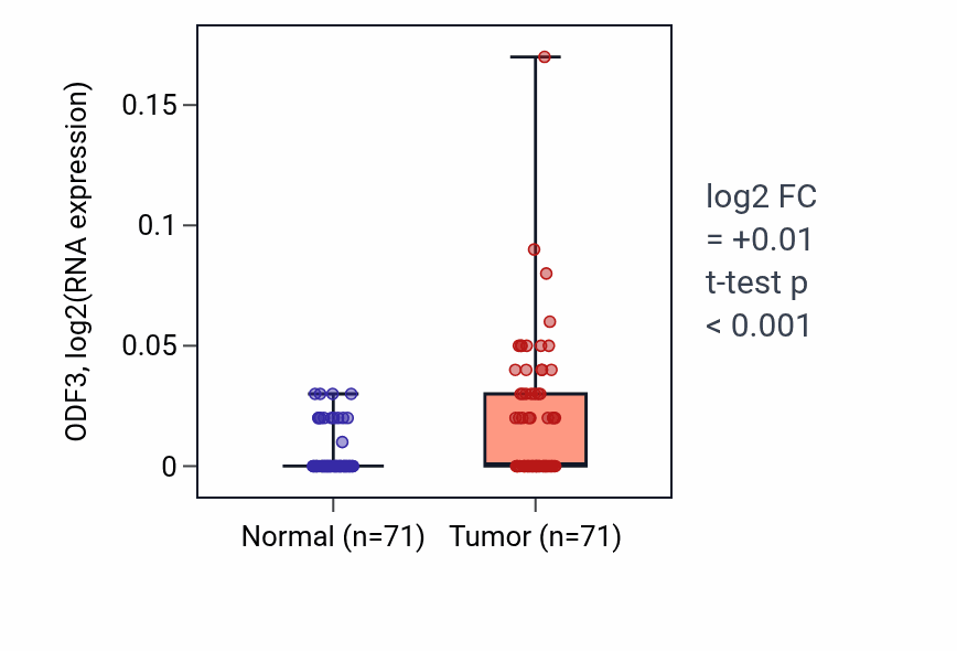 Tumor-vs-normal expression box plot for ODF3 in KIRC.