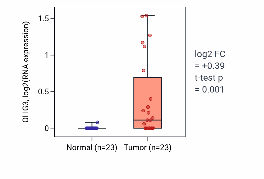 Tumor-vs-normal expression box plot for OLIG3 RNA in UCEC.