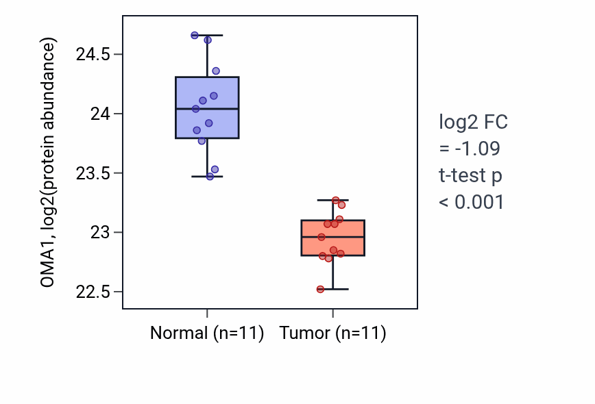 Tumor-vs-normal mass-spec protein box plot for OMA1 in CCRCC.