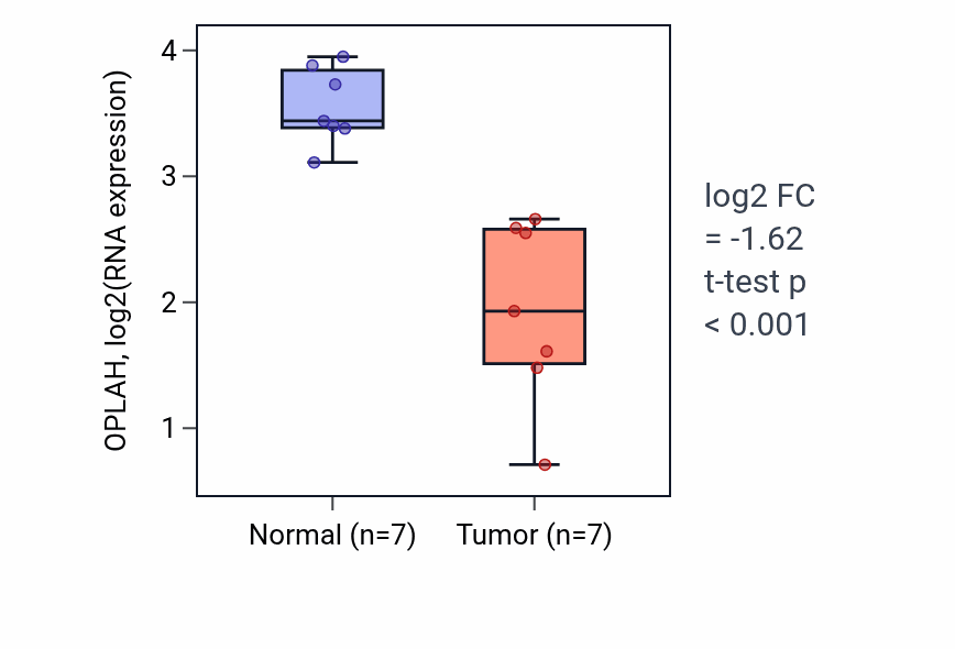 Tumor-vs-normal expression box plot for OPLAH RNA in THCA.