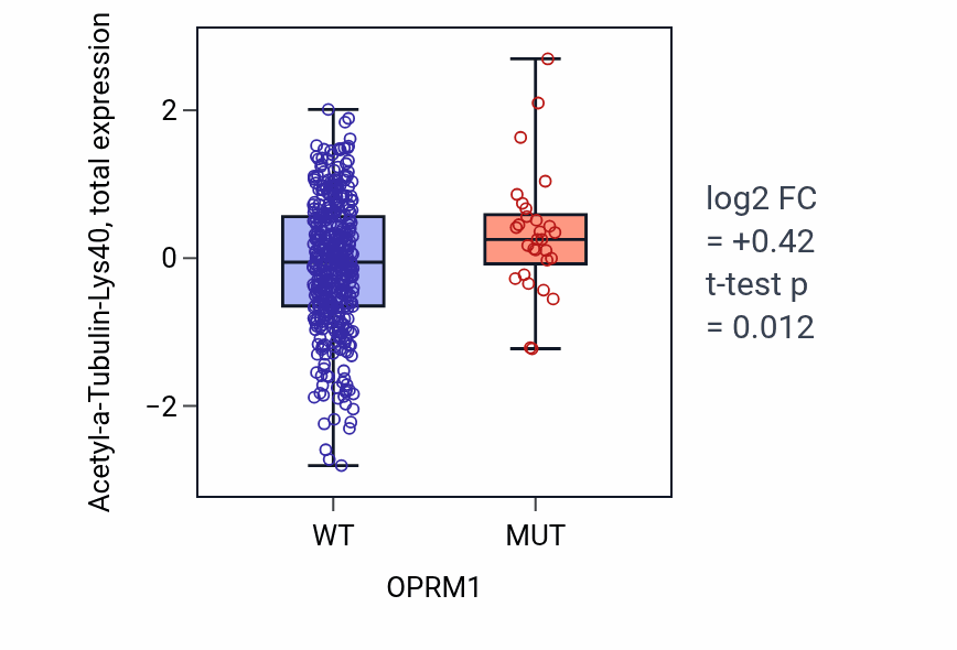 Box plot of Acetyl-a-Tubulin-Lys40 in OPRM1-low vs OPRM1-high samples in UCEC.