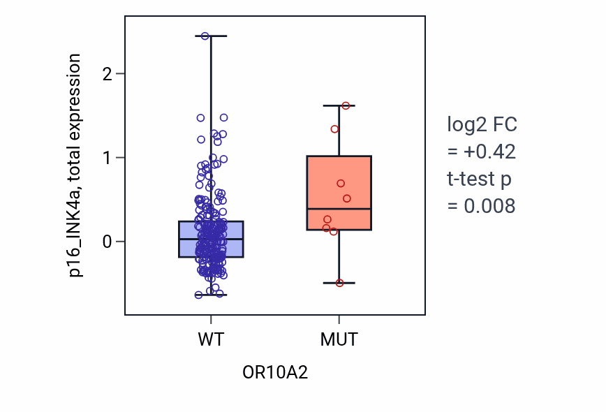 Box plot of p16_INK4a in OR10A2-low vs OR10A2-high samples in LUAD.