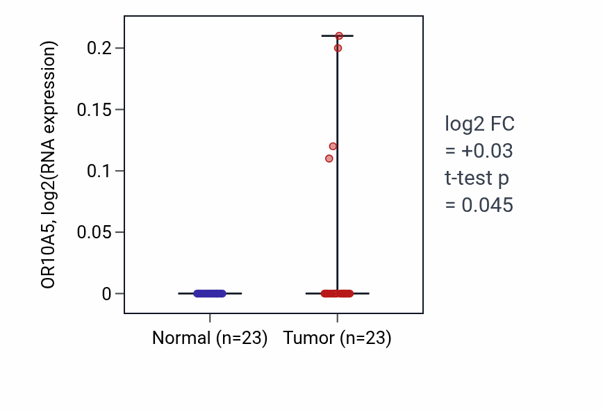 Tumor-vs-normal expression box plot for OR10A5 in UCEC.