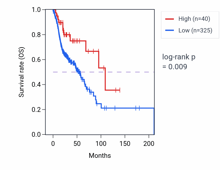 Kaplan&ndash;Meier survival curve for OR10H2 RNA expression in HNSC: high vs low expression groups.