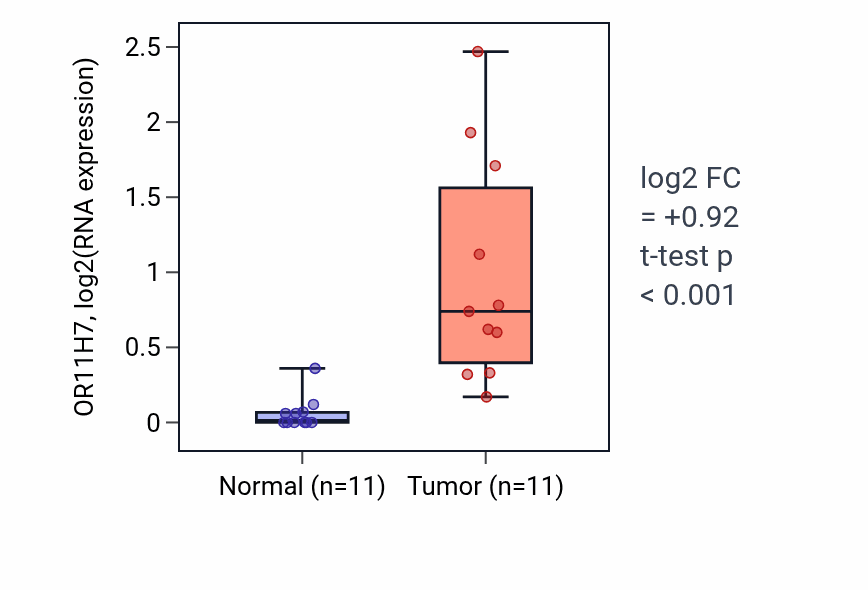 Tumor-vs-normal expression box plot for OR11H7 RNA in HNSC.