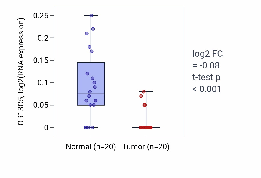 Tumor-vs-normal expression box plot for OR13C5 in KIRC.