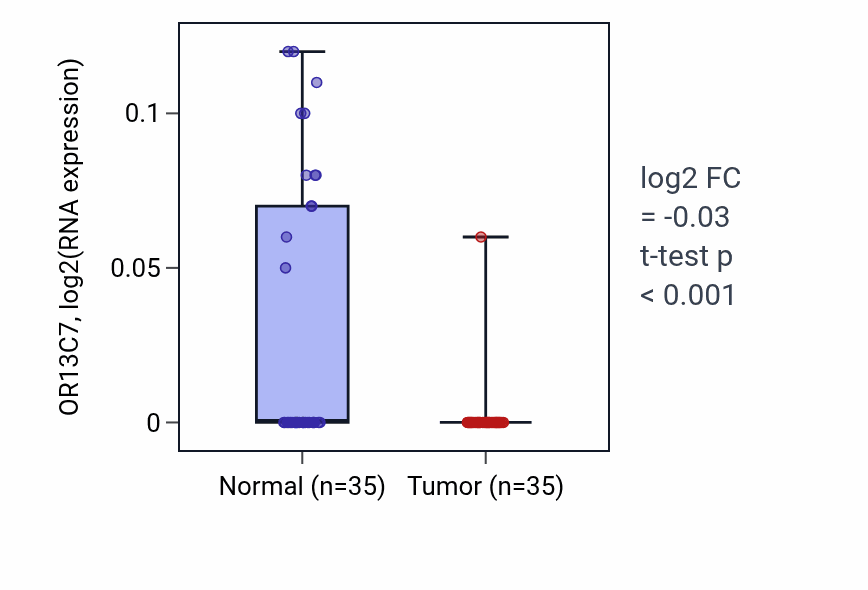 Tumor-vs-normal expression box plot for OR13C7 in LUSC.