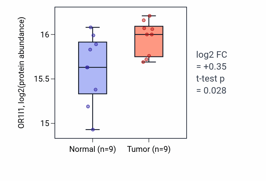 Tumor-vs-normal mass-spec protein box plot for OR1I1 in HNSC.