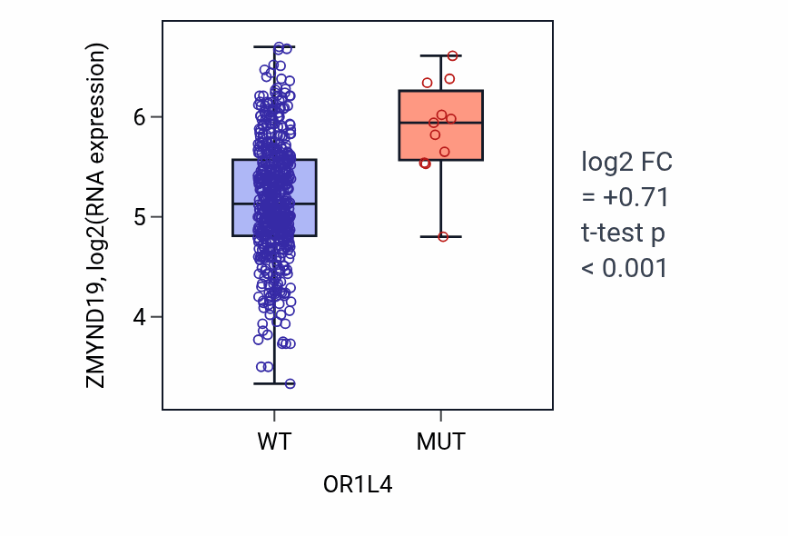 Box plot of ZMYND19 in OR1L4-low vs OR1L4-high samples in UCEC.