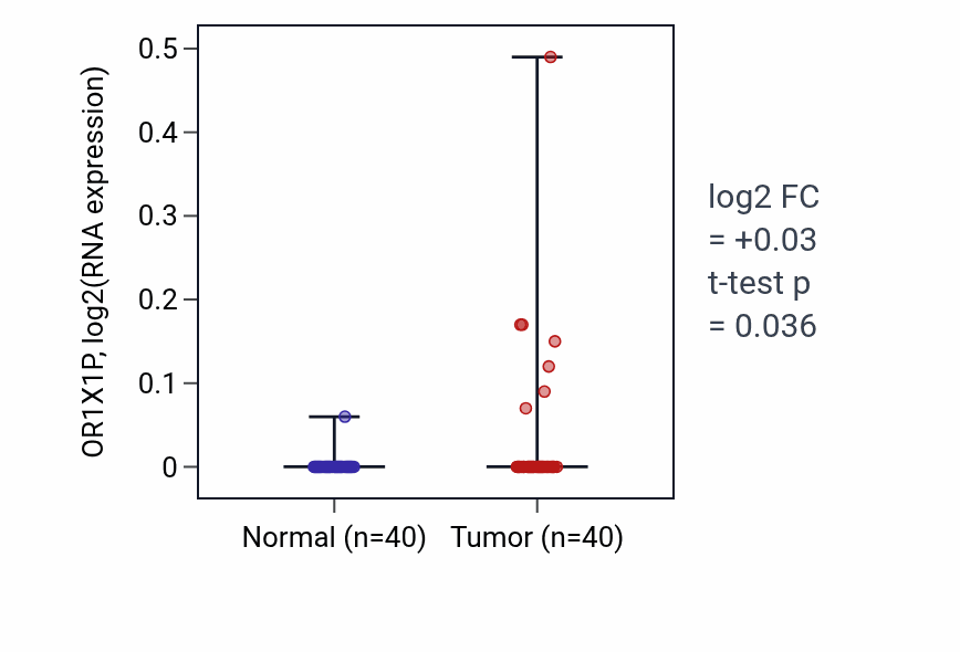 Tumor-vs-normal expression box plot for OR1X1P RNA in HNSC.