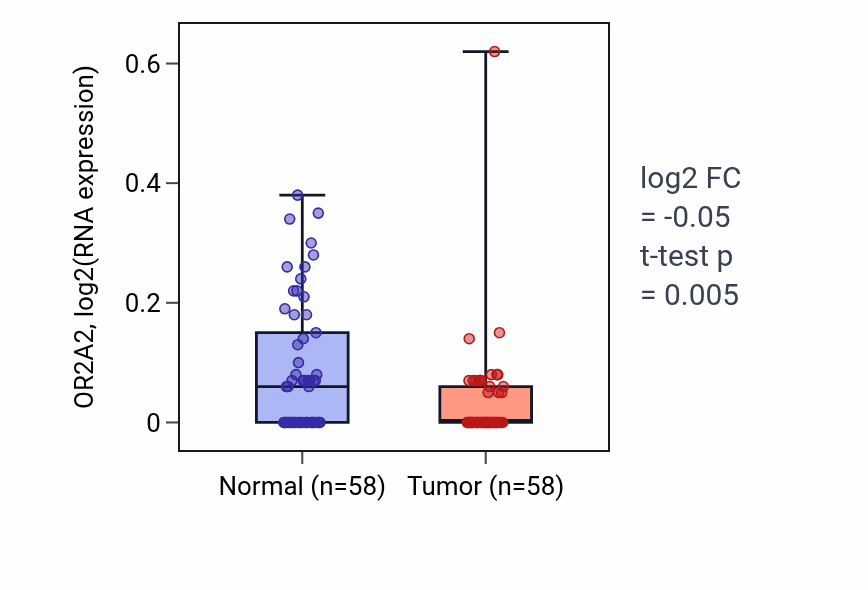 Tumor-vs-normal expression box plot for OR2A2 in THCA.