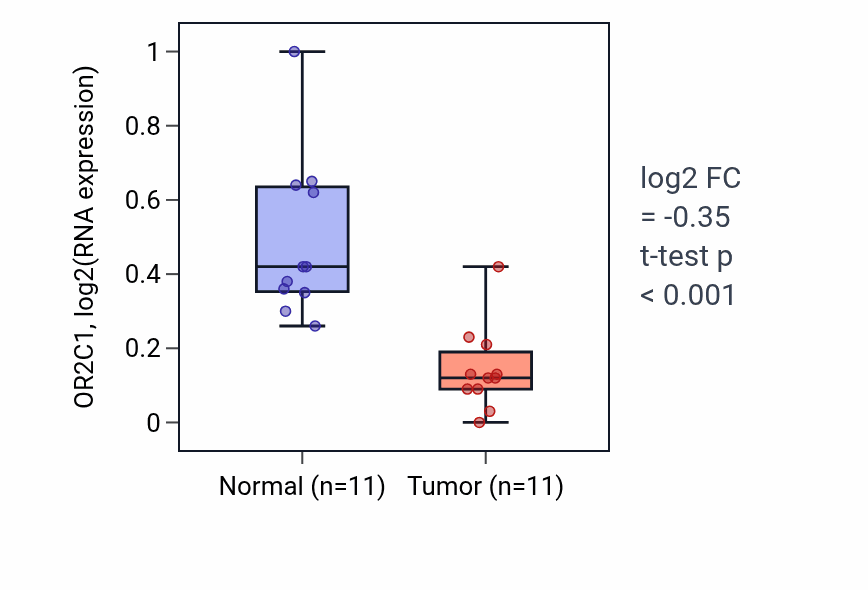 Tumor-vs-normal expression box plot for OR2C1 RNA in KICH.