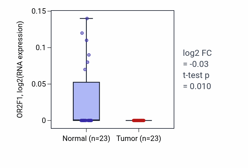 Tumor-vs-normal expression box plot for OR2F1 in THCA.