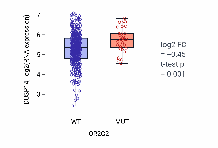 Box plot of DUSP14 in OR2G2-low vs OR2G2-high samples in SKCM.