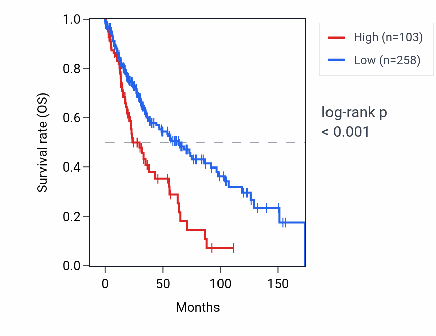 Kaplan&ndash;Meier survival curve for OR2L13 RNA expression in LUSC: high vs low expression groups.