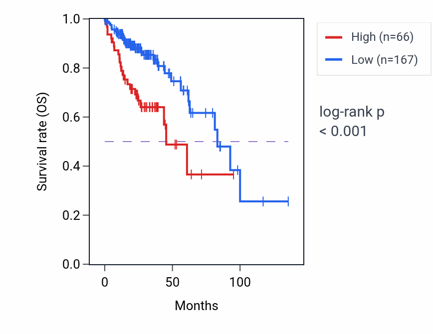 Kaplan&ndash;Meier survival curve for OR2T8 RNA expression in COAD: high vs low expression groups.