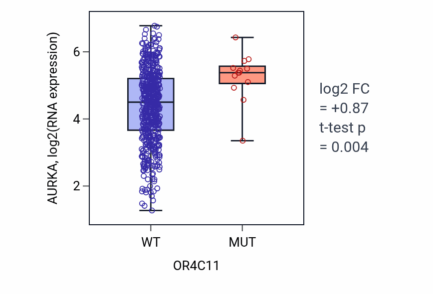 Box plot of AURKA in OR4C11-low vs OR4C11-high samples in UCEC.