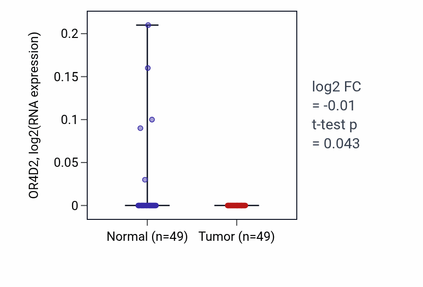Tumor-vs-normal expression box plot for OR4D2 in LUSC.