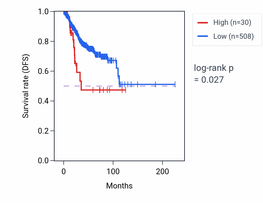 Kaplan&ndash;Meier survival curve for OR52E4 RNA expression in UCEC: high vs low expression groups.