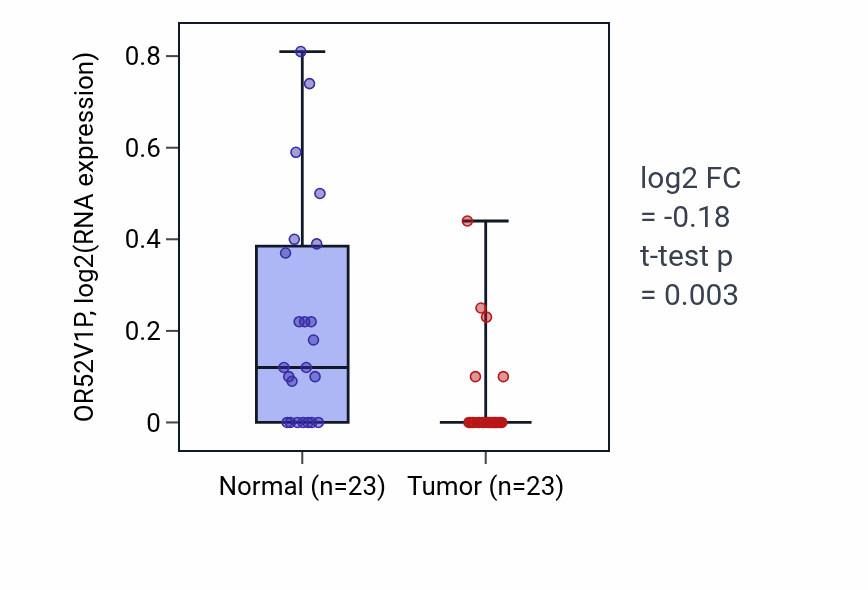 Tumor-vs-normal expression box plot for OR52V1P in UCEC.