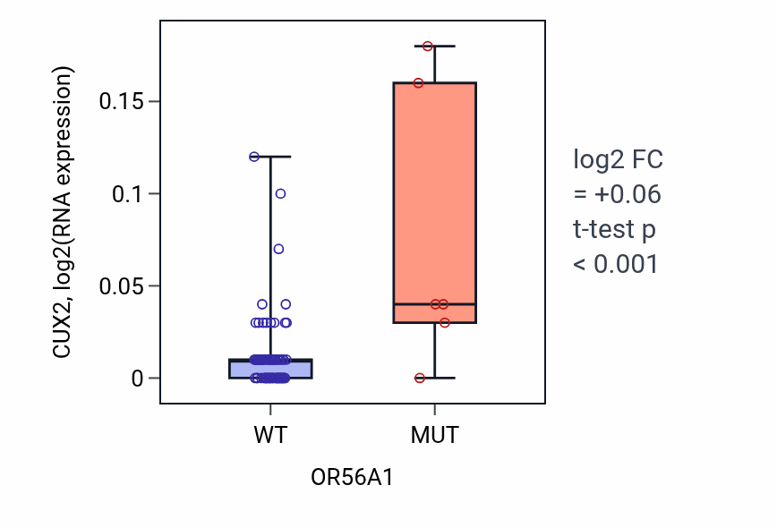 Box plot of CUX2 in OR56A1-low vs OR56A1-high samples in LUNG_NSCLC_LUAD.