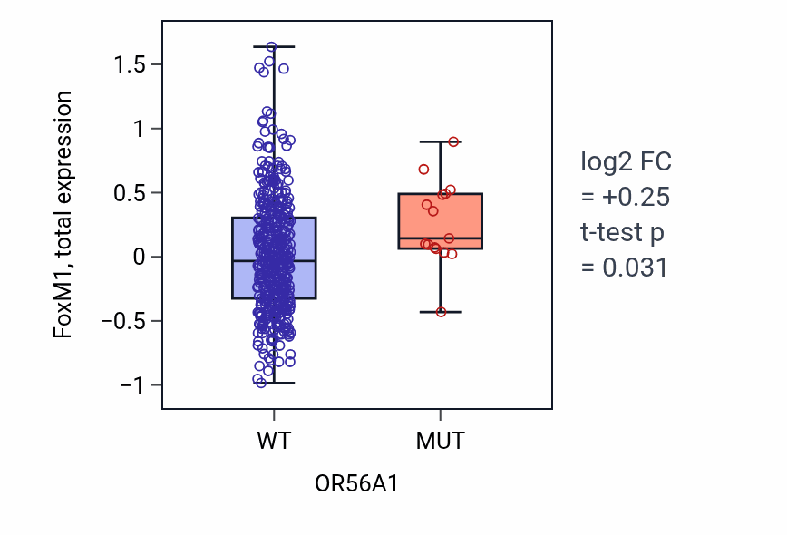 Box plot of FoxM1 in OR56A1-low vs OR56A1-high samples in UCEC.